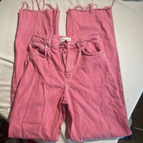 Zara Pink High Waisted Raw Hem Wide Leg Jeans Bar… - image 1