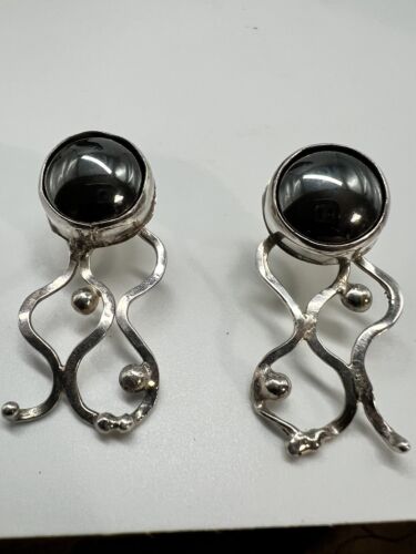 Vtg Magic Orb Black Stone 925 Estate Earrings 12g 