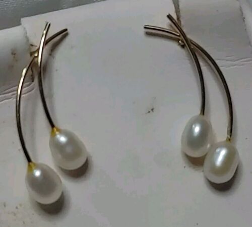 14k Yellow Gold Double Pearl Dainty Earrings - image 1