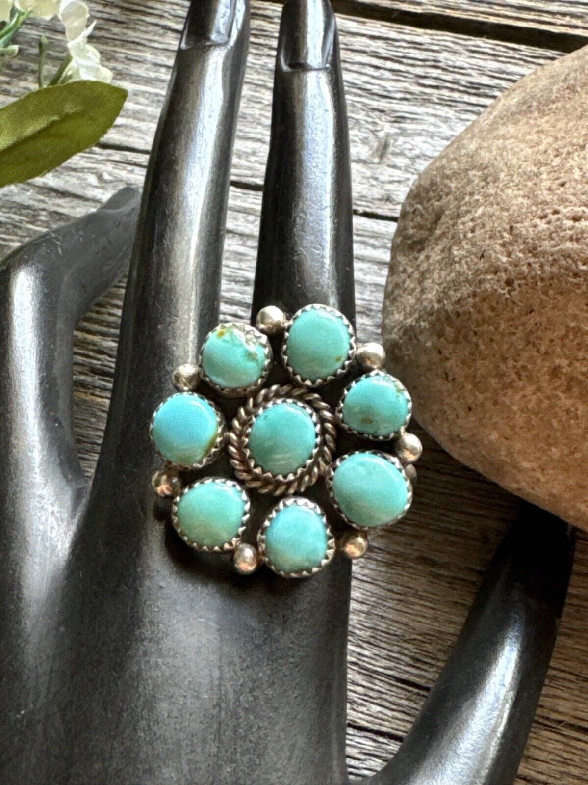 Navajo Sterling Silver Turquoise Cluster Adjustab… - image 11