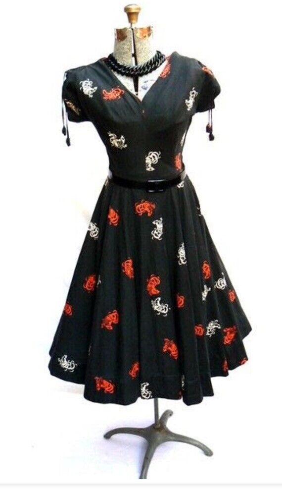 1950’s Revival Rooster Print Dress Vintage Full S… - image 2