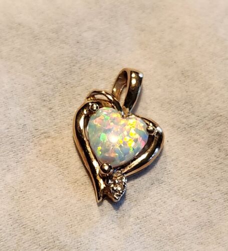 10k Yellow Gold Opal and CZ Heart Pendant