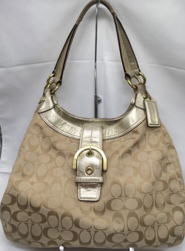 COACH Lynn Soho Buckle Khaki Gold Leather Trim Sig