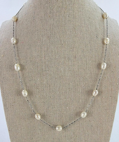 Silver-Tone White Fresh Water Pearl Bead Necklace… - image 1