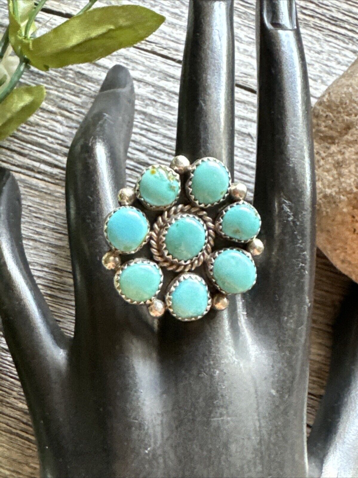 Navajo Sterling Silver Turquoise Cluster Adjustab… - image 4