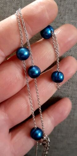 Freshwater blue pearl silvertone station Necklace 