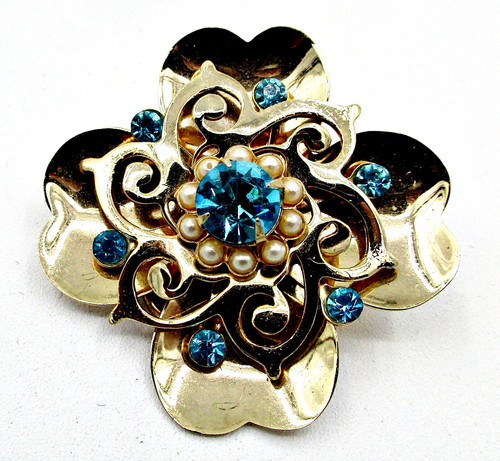 Vintage Unsigned Coro Brooch Flower Blue Rhinesto… - image 1