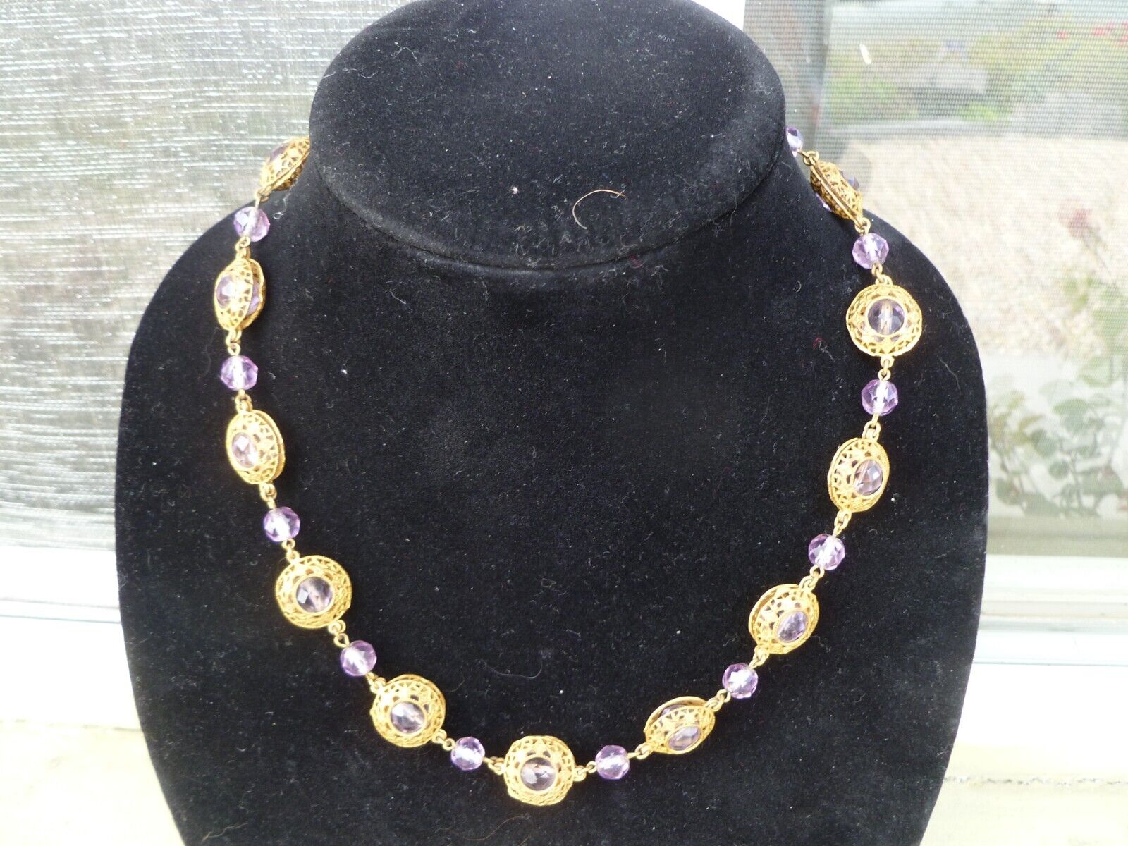 Antique Czech Glass Purple Crystal Bead 19" Gold … - image 2