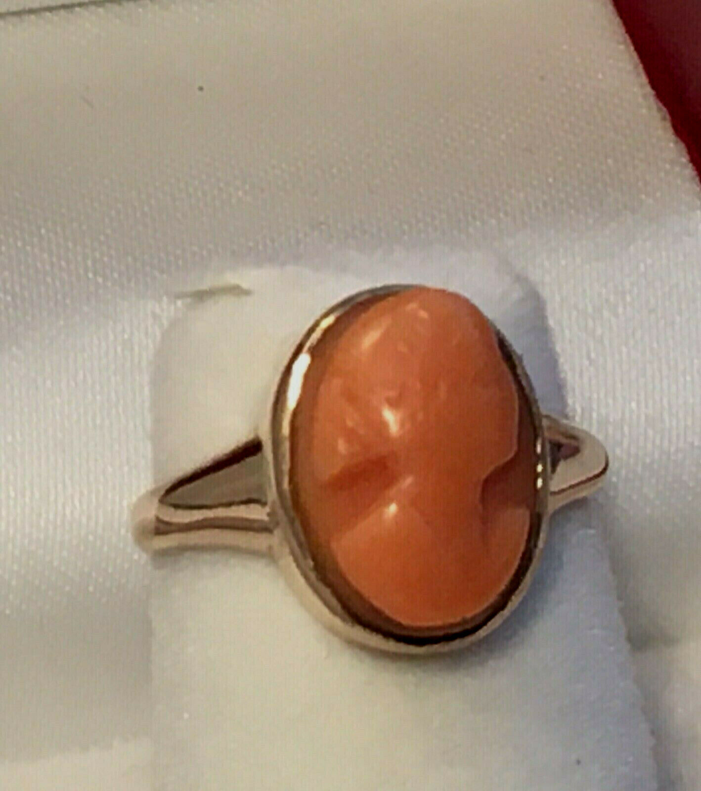 ANTIQUE SALMON CORAL CARVED CAMEO  RING 14K Gold … - image 2