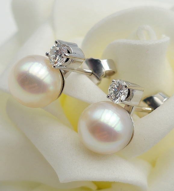 Pearl Brilliant Stud Earrings - 585 White Gold - … - image 1