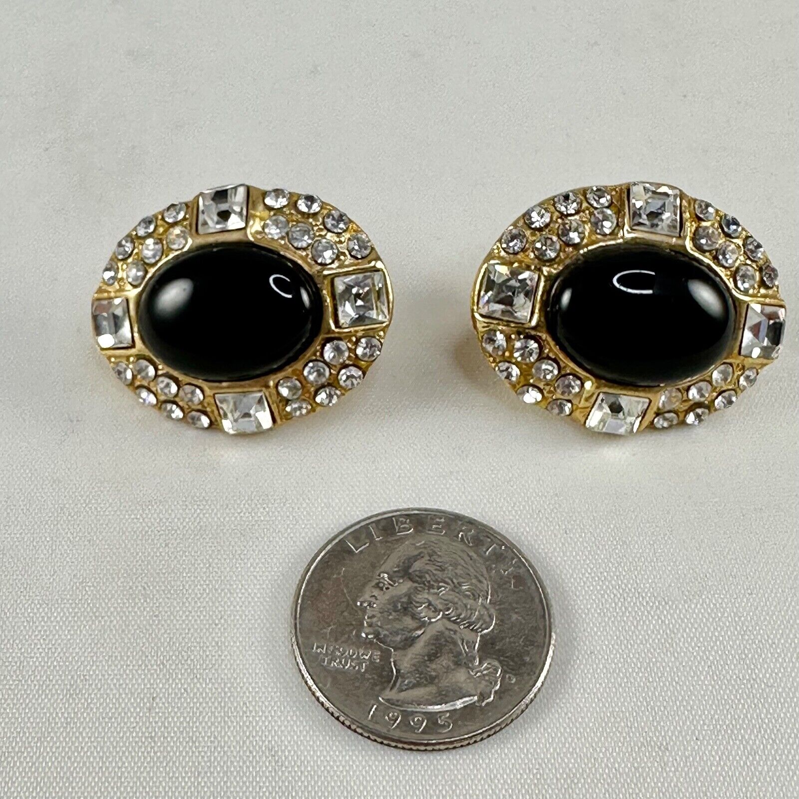 Vintage Earrings Large Rhinestone Black Cabochon … - image 5