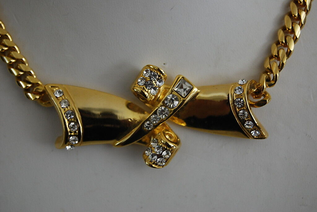 ELEGANT VTG COUTURE GOLDEN METAL BOW & RHINESTONE… - image 3