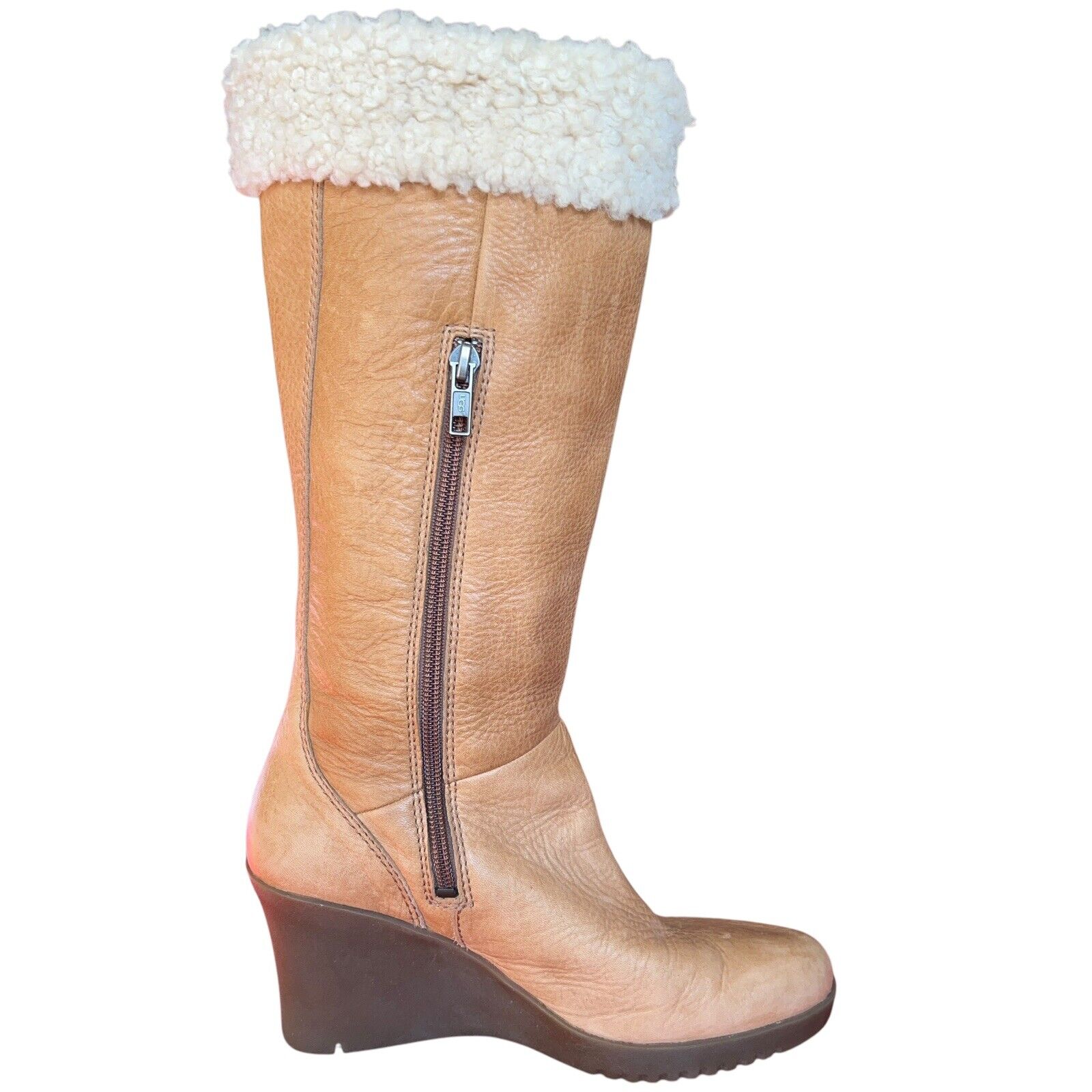 UGG Felicity Caramel Leather Shearling Cuff Wedge… - image 3