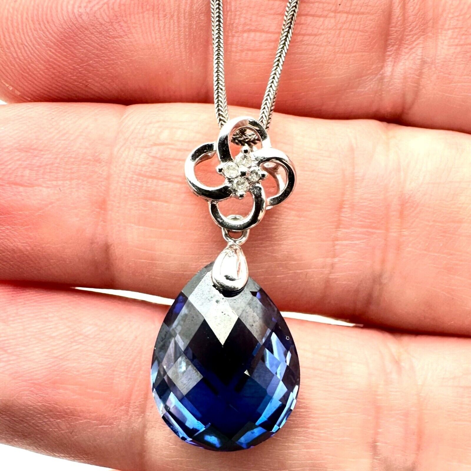 Womens Necklace 10K White Gold Blue Sapphire Tear… - image 1