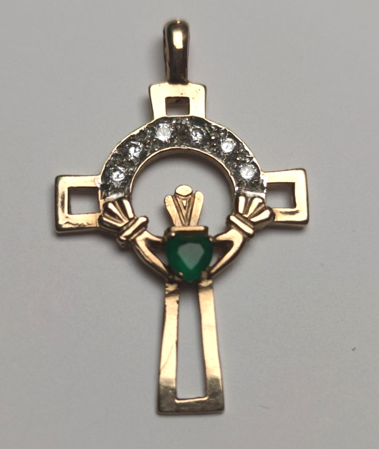 9ct Yellow Gold Cross Pendant Green Agate Gemston… - image 1