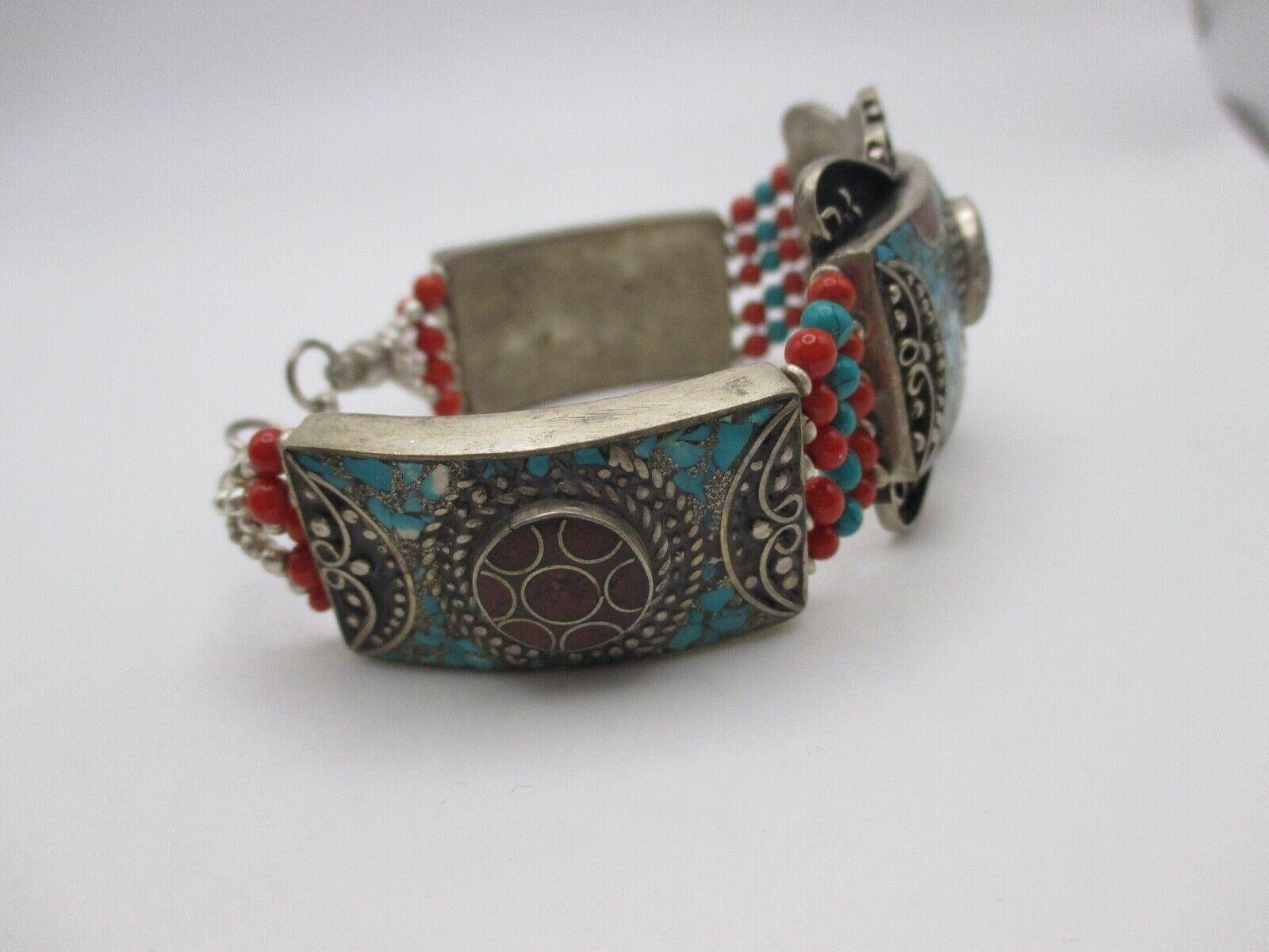 VINTAGE TIBETAN TURQUOISE & CORAL Mosaic Cuff Bra… - image 5