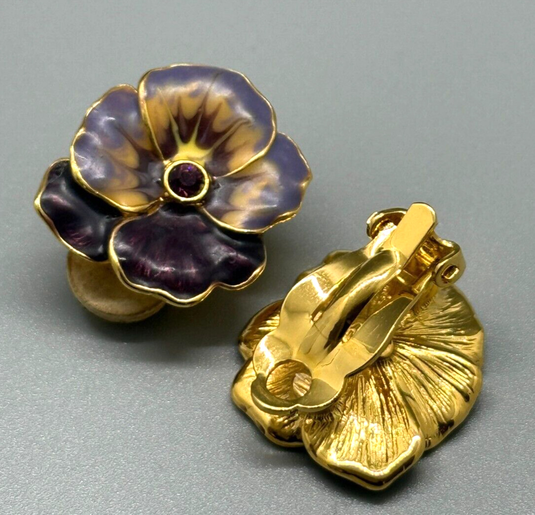 Vintage Joan Rivers Clip Earrings Purple Pansies - image 2