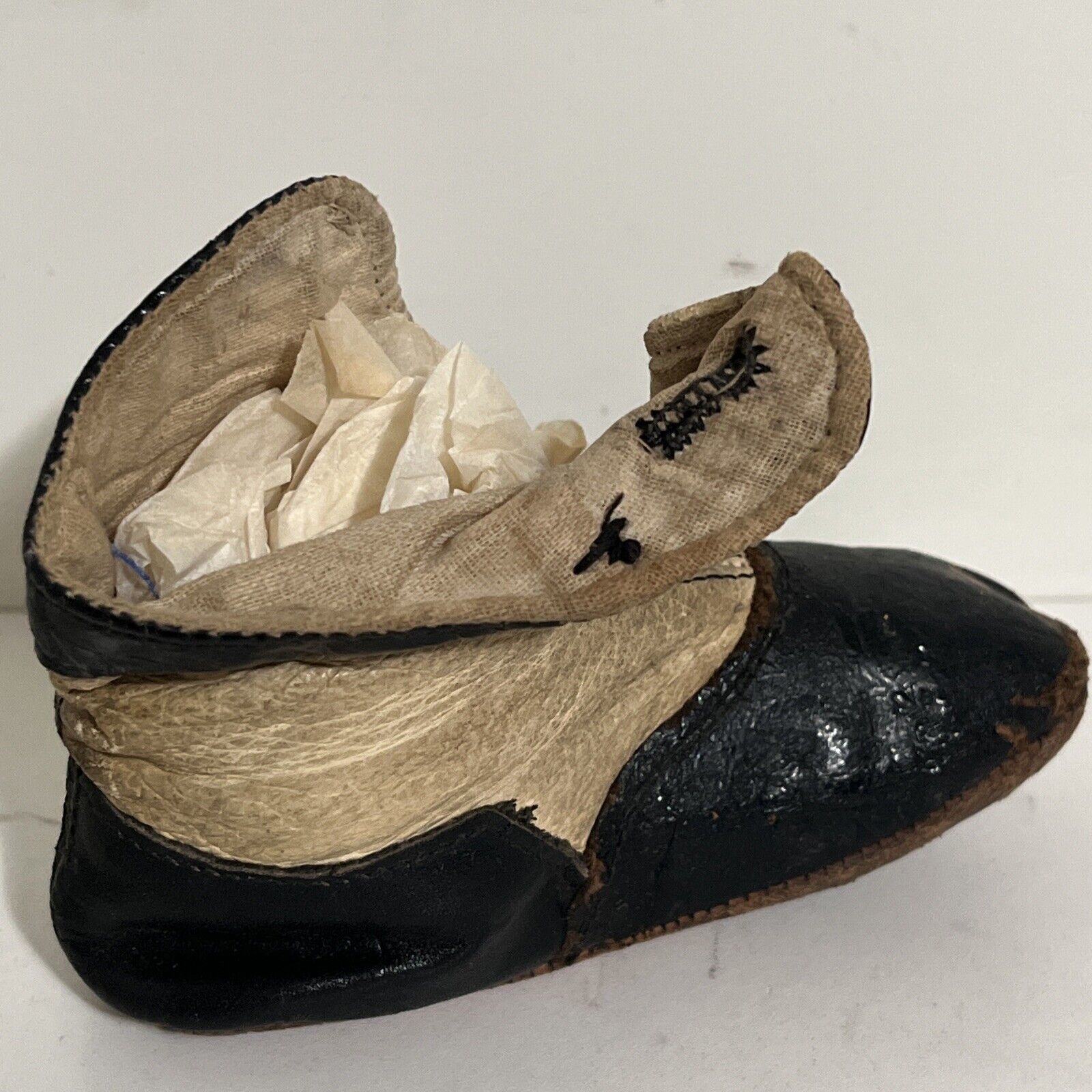 Antique Victorian Black/White Leather Baby Shoe O… - image 6