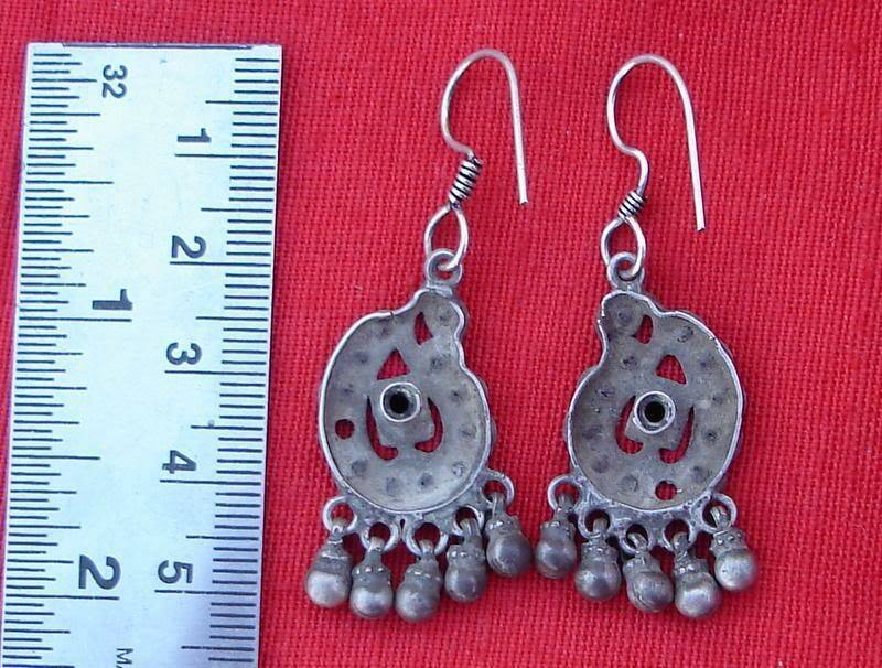 ANTIQUE TRIBAL OLD SILVER GLASS STONES EARRINGS P… - image 2