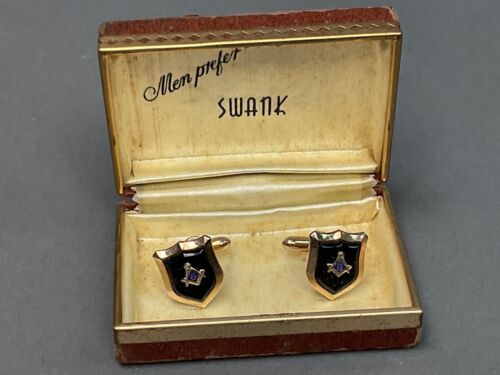 Vintage SWANK Masonic Gold Tone & Onyx Shield Cuf… - image 1