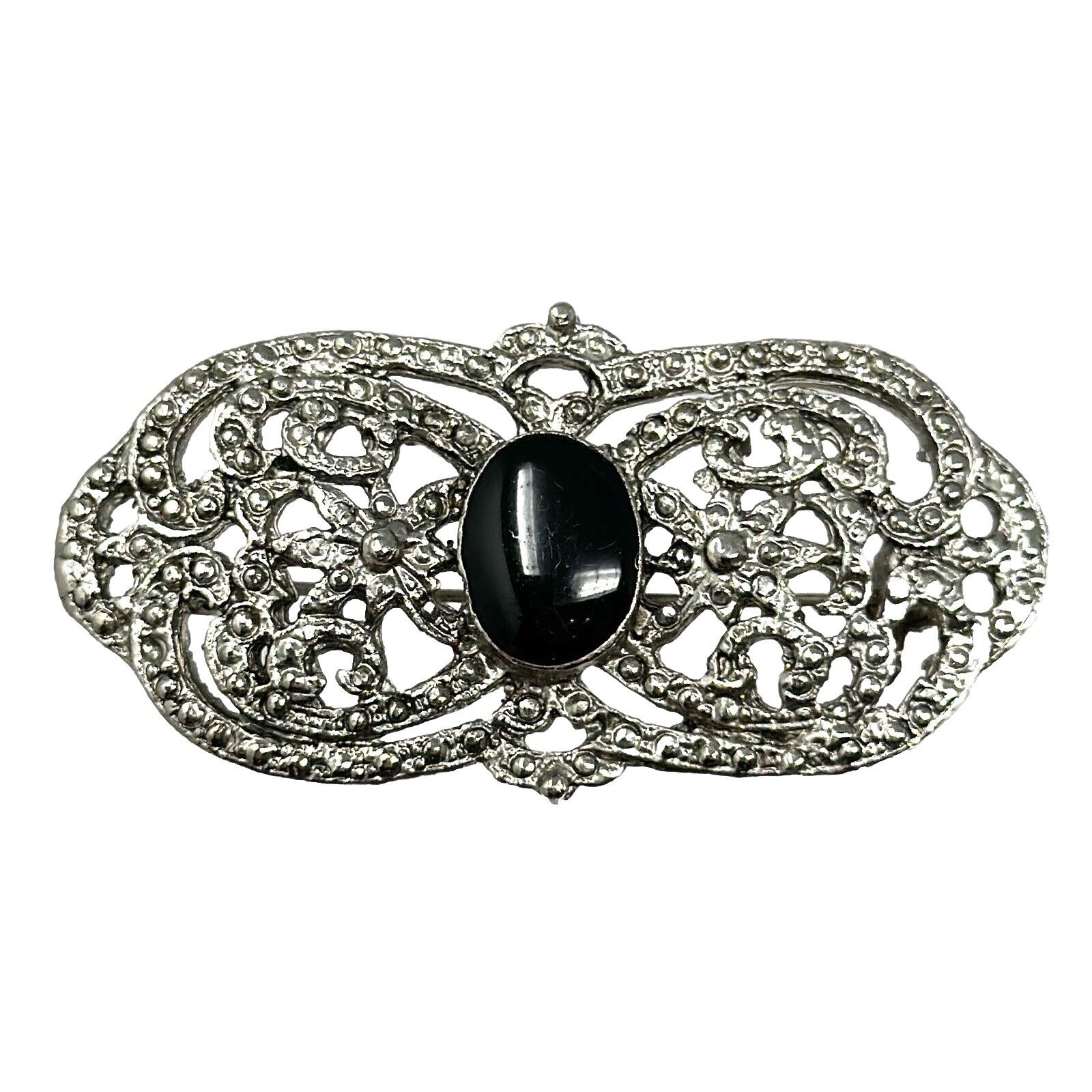 Vintage Silver Tone Art Deco Black Onyx Brooch Pin - image 1