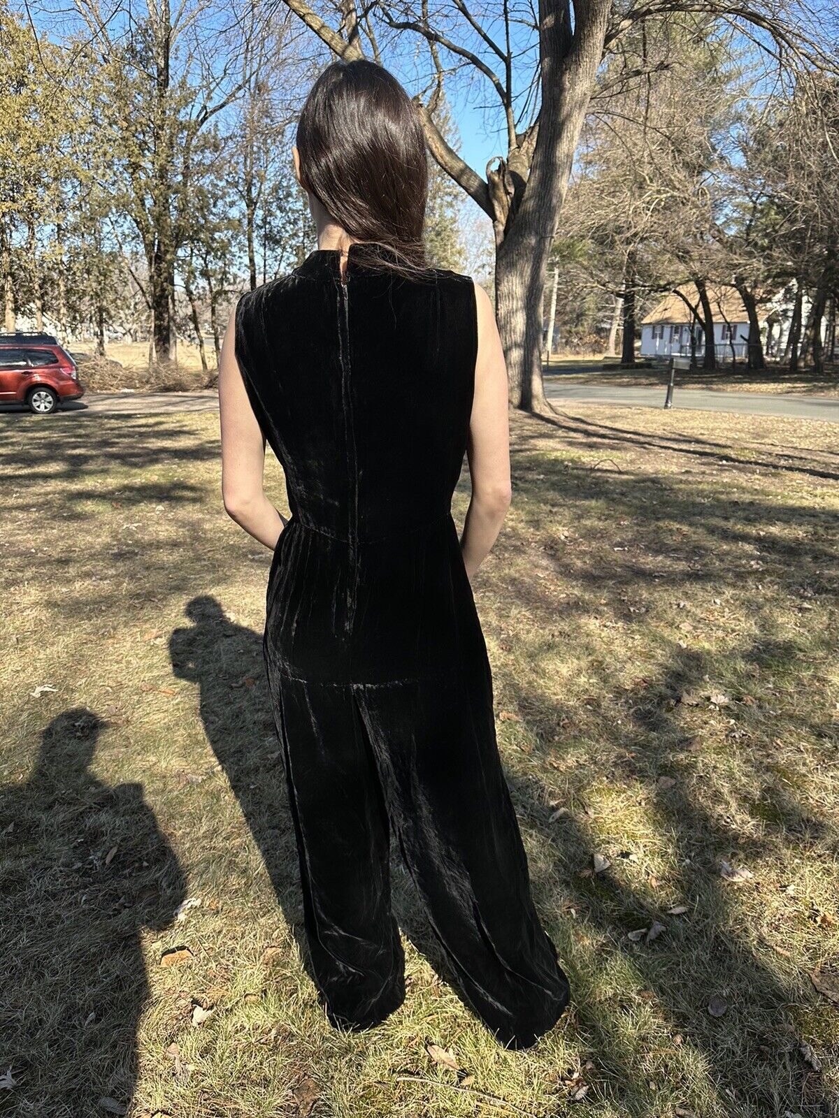 1960s Black Velvet Wide Leg Jumpsuit - image 4