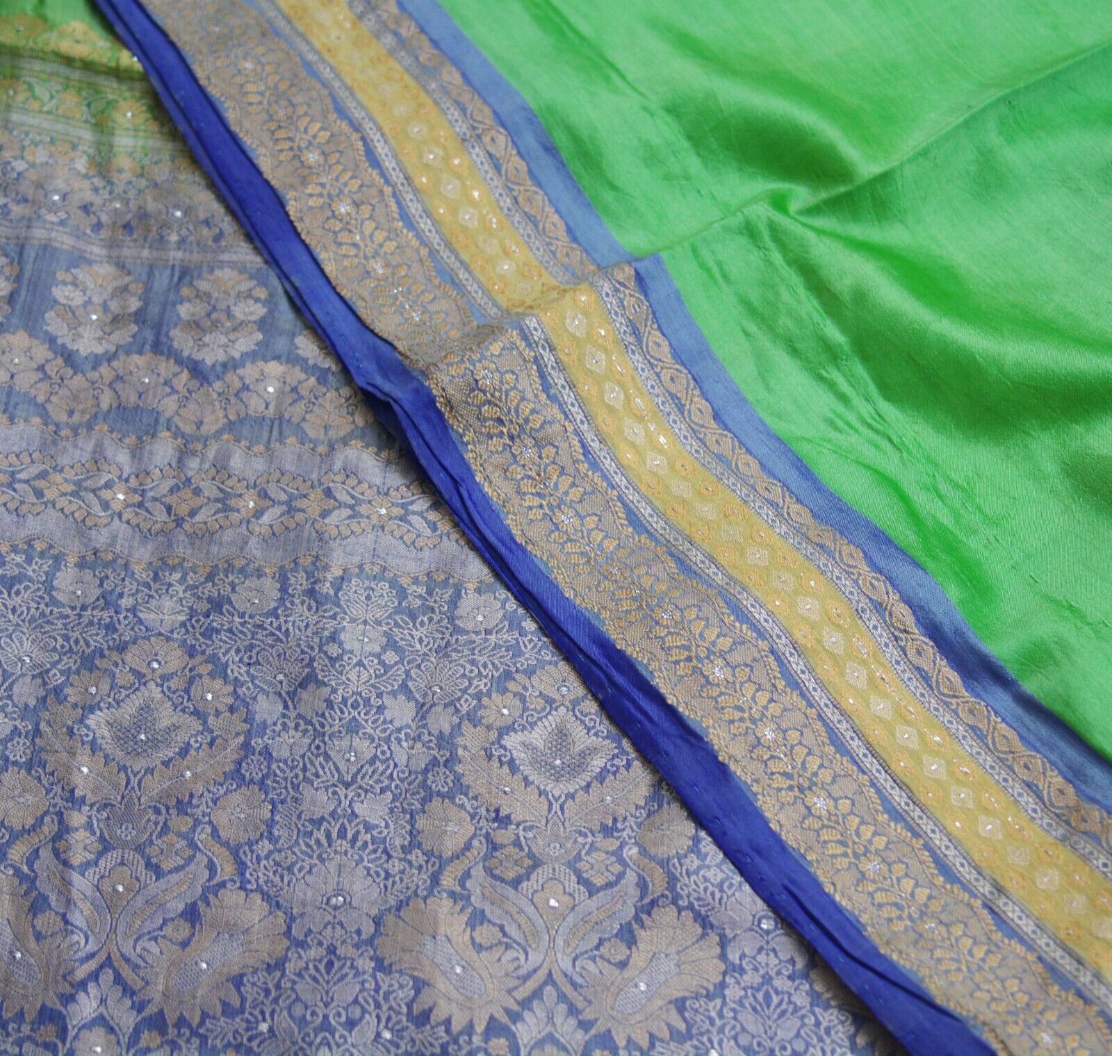 Vintage Heavy Saree Blue & Green Pure Silk Hand W… - image 9