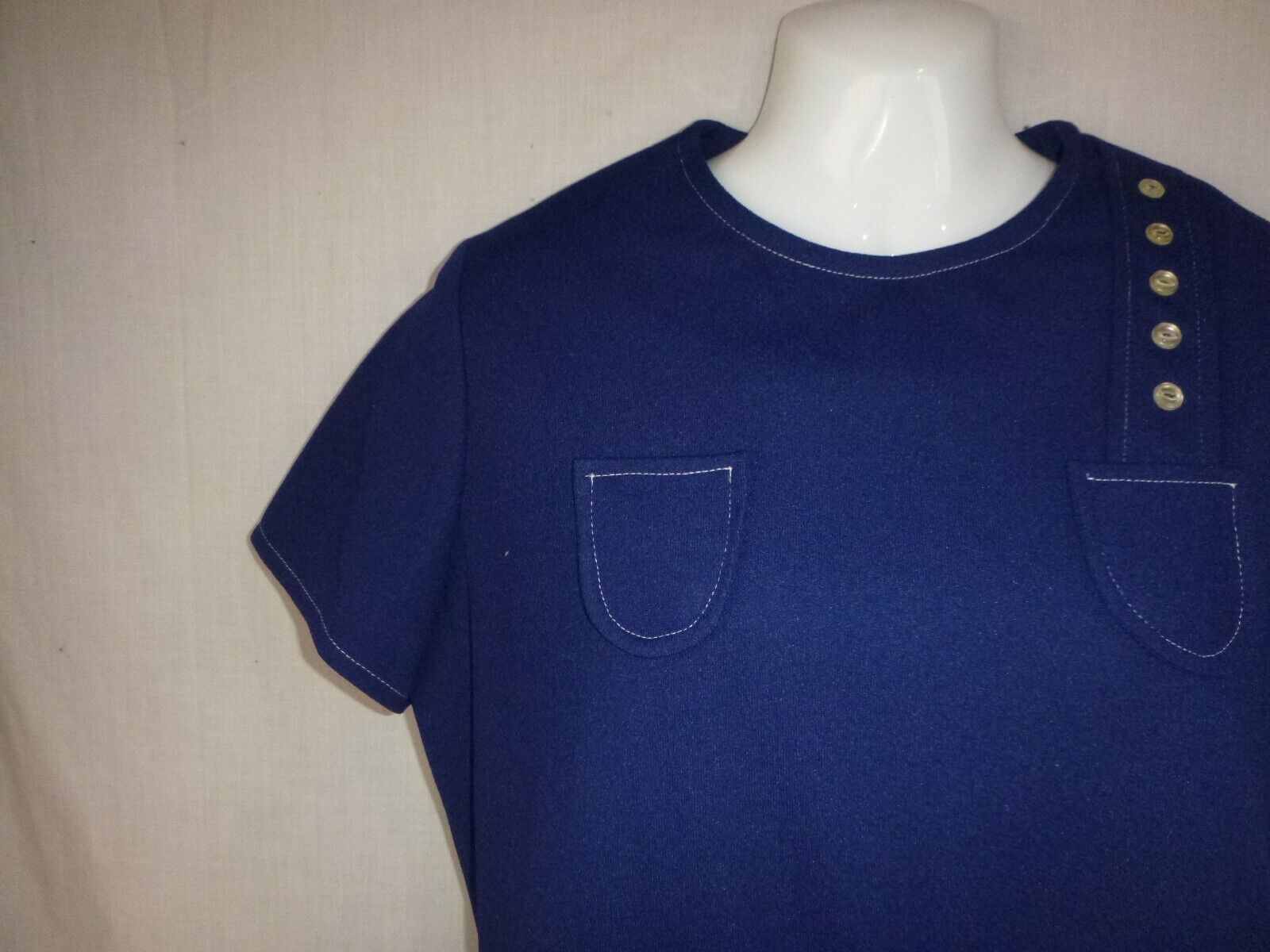 Vtg 70s Sears Poly Knit A Line Shift Dress Blue W… - image 5