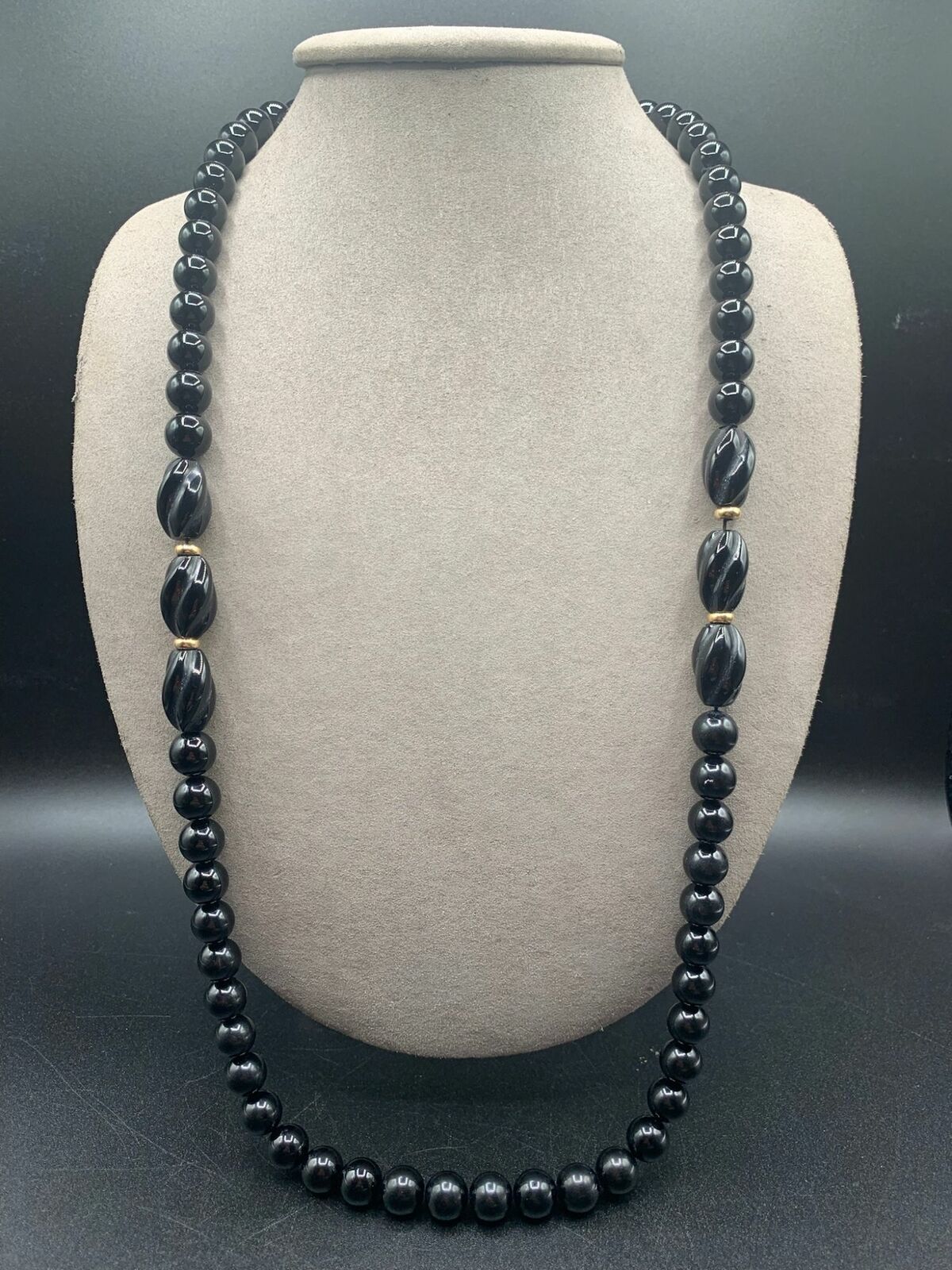 Black Onyx Necklace Beaded Long Strand 14K Gold S… - image 4