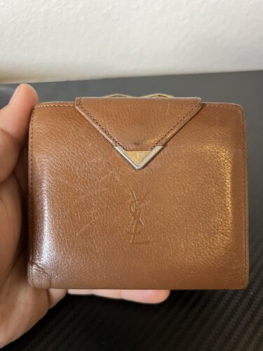 Authentic YSL Kiss Lock Brown Leather Wallet YvesS