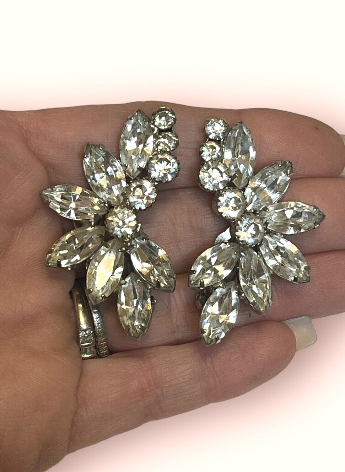 HUGE Vintage Juliana Navette Silver Tone Clip Ear… - image 1