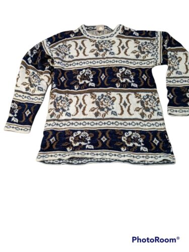 Vintage 80s 90s Acrylic Sweater Blue Gold Floral … - image 1