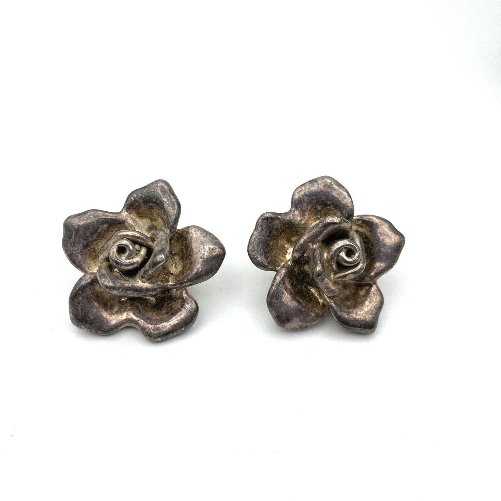 Vintage Sterling Silver Rose Flower 3D Clip Earri… - image 1