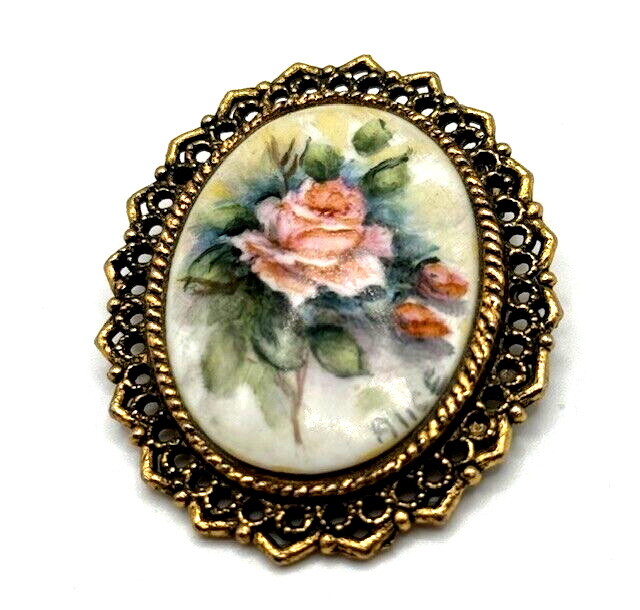 Set of THREE Vintage Painted Floral Brooches sign… - image 5