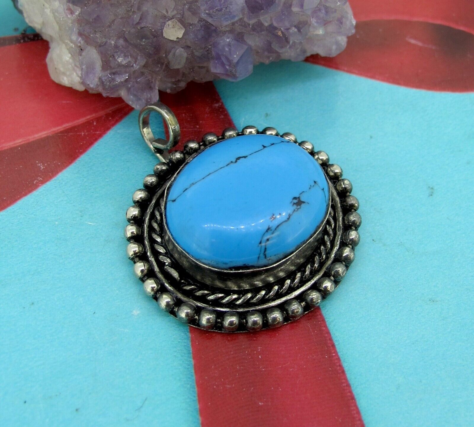 Vintage Sterling Silver Blue Turquoise Stone Pend… - image 4