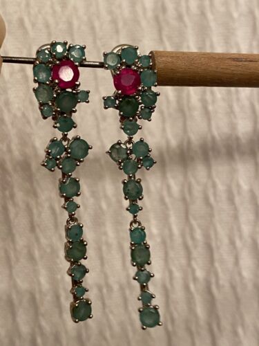 Sterling Silver Natural Emerald And Ruby Earrings - image 1