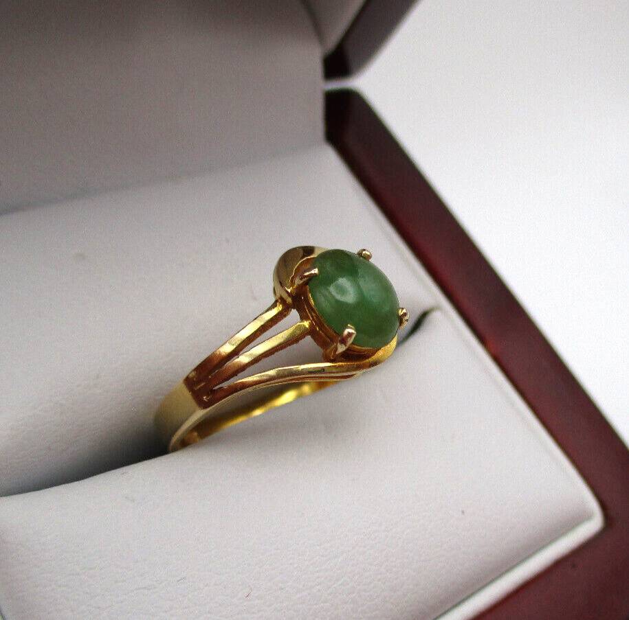 14K 585 Yellow Gold Green Jade Solitaire Ring Siz… - image 14