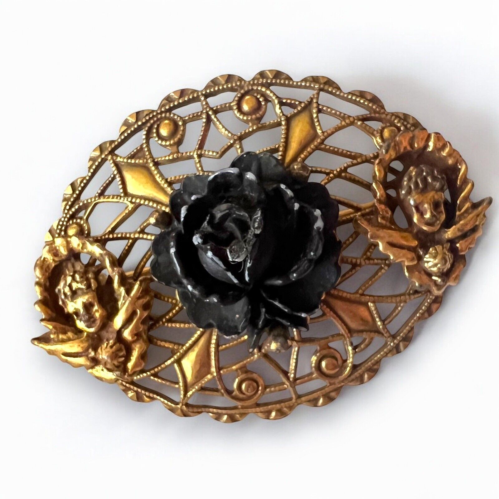 Carved Celluloid Rose Brooch Black Gold Tone Fili… - image 6