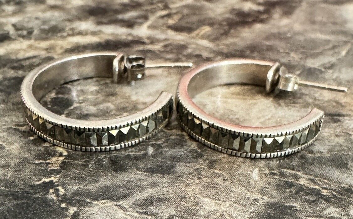 STERLING SILVER & MARCASITES HOOP EARRINGS MARKED… - image 2