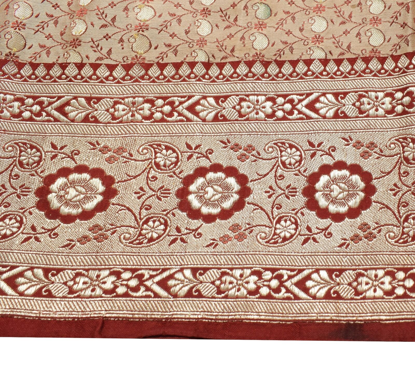 Sushila Vintage Heavy Saree Beige Maroon Pure Sat… - image 13