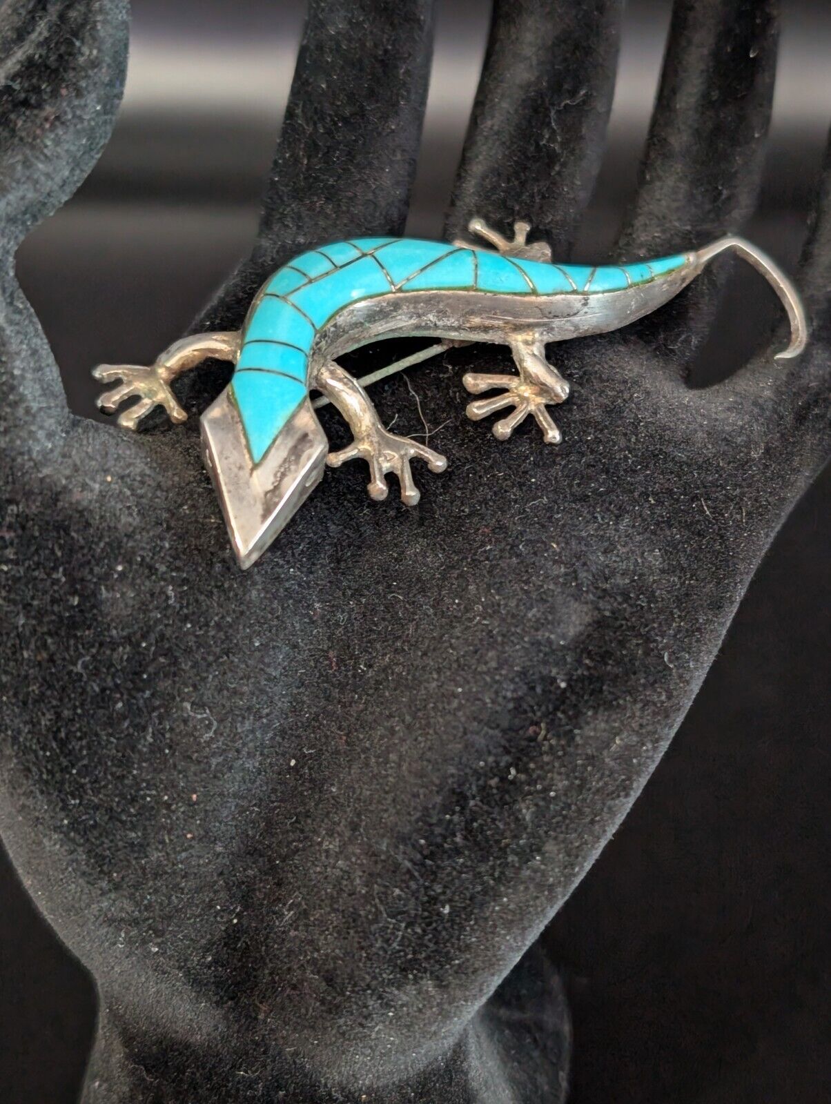 Silver colored and enameled turquoise brooch pin … - image 2