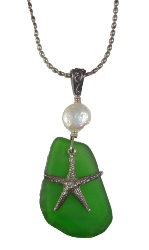 Green Sea Glass Pendant Genuine Cultured Pearl MSC