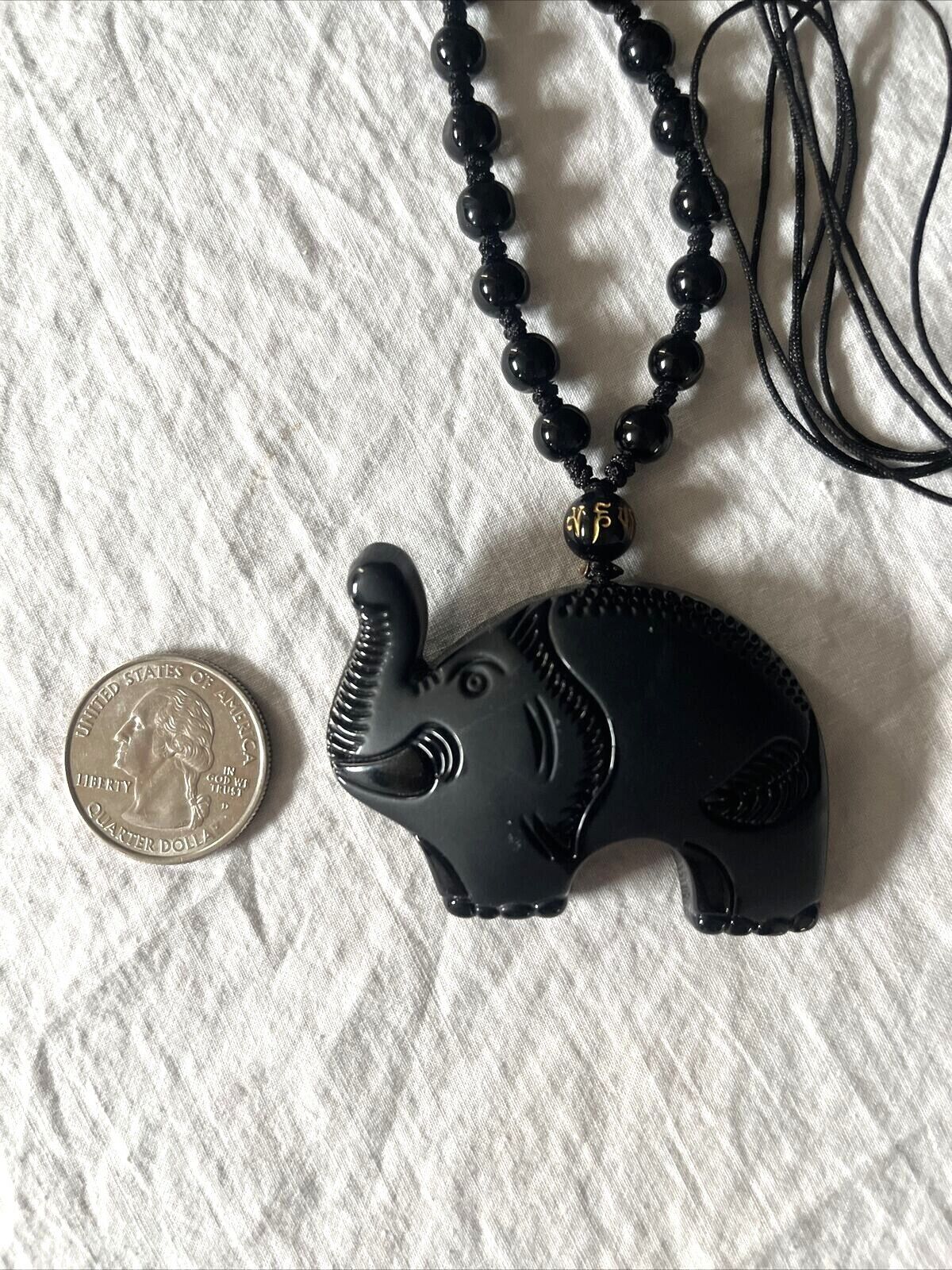 Vintage Carved Black Onyx  Elephant Necklace hand… - image 2