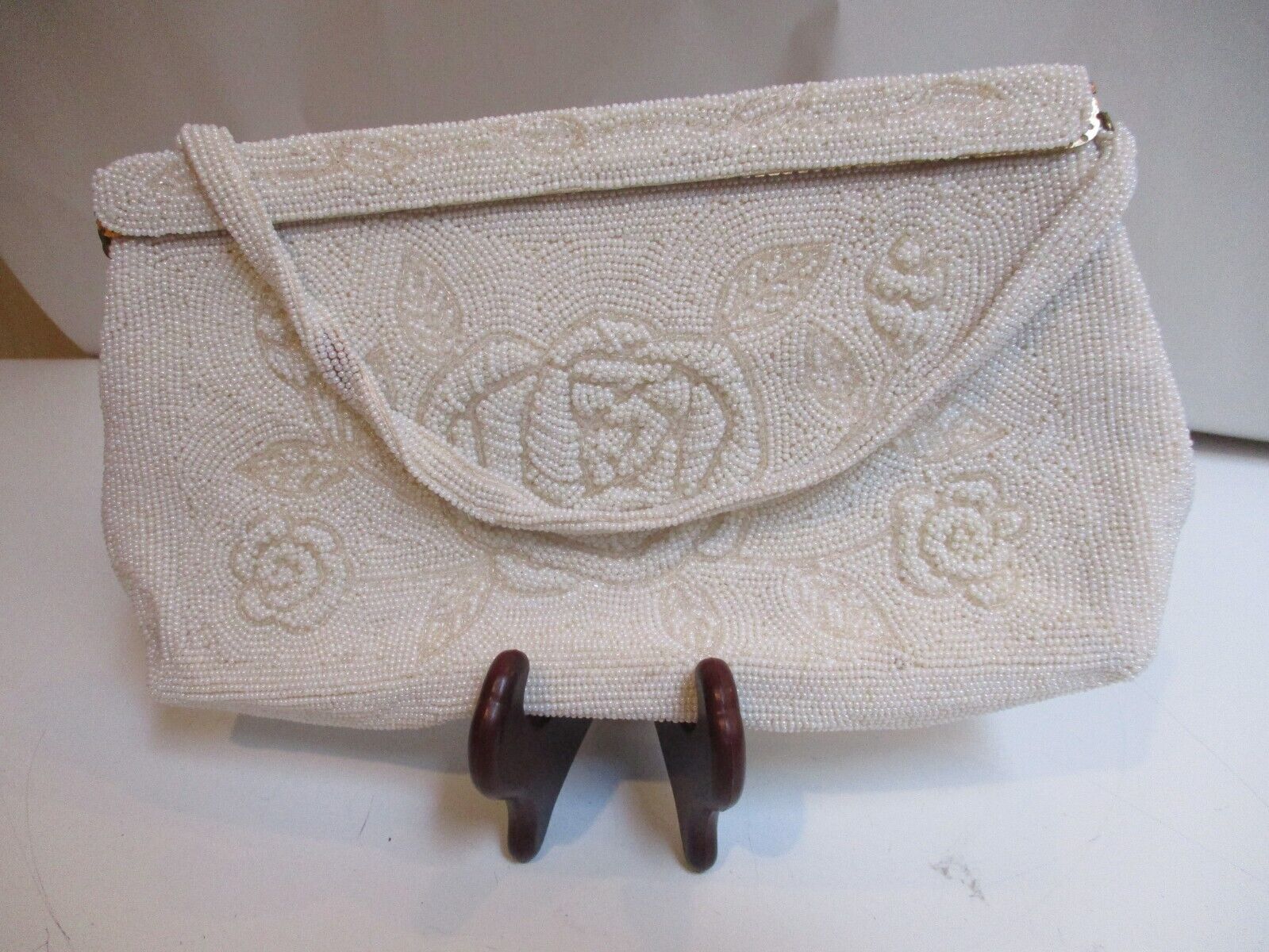 Vintage White Beaded Floral Design Evening Bag Pu… - image 2