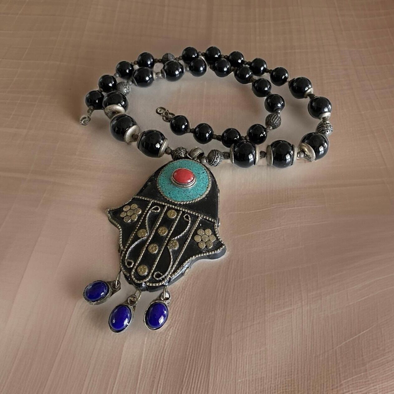 Vintage Nepal Tibetan Necklace Black Agate Ethnic… - image 3