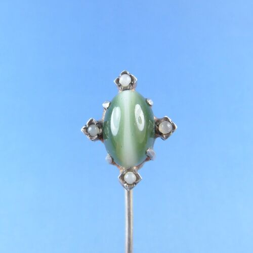 Victorian Sterling Silver Banded Green Agate Stic… - image 1