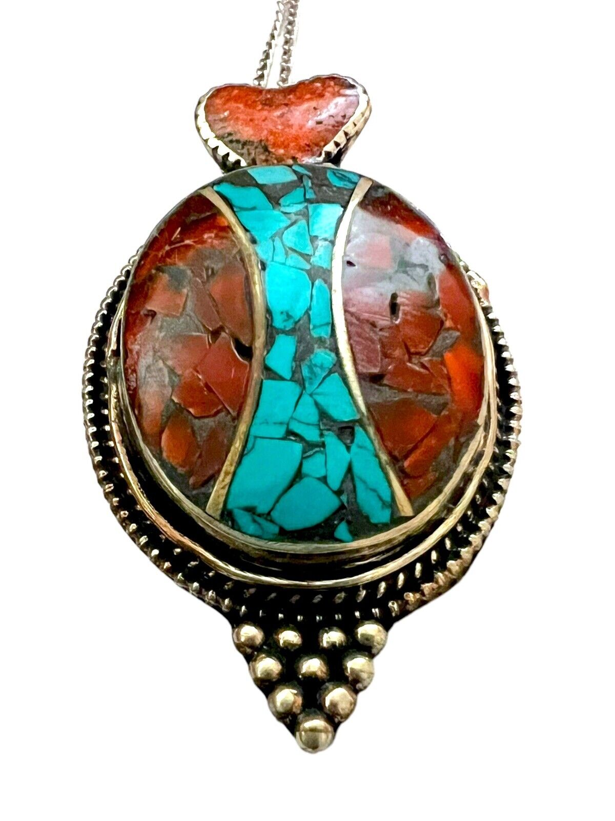 Sterling Silver Tibetan Turquoise & Coral 2 3/8” … - image 2