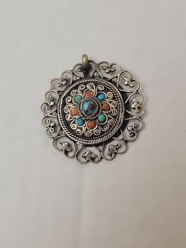 Vintage Tibetan Turquoise Coral Glass Pendant Sil… - image 1