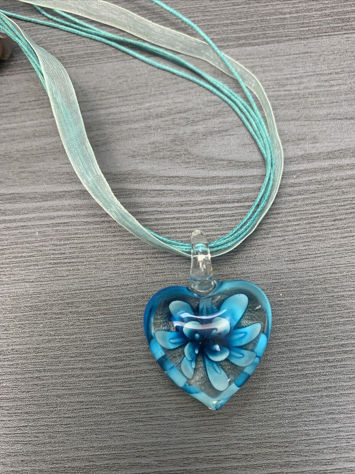 Vintage Blue Aqua Heart Art Glass Pendant Necklac… - image 9