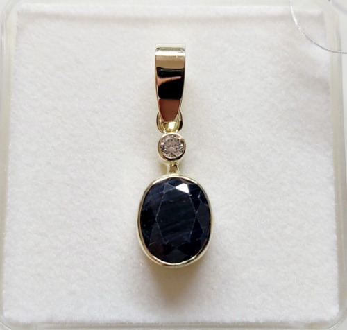 Solid 14K Yellow Gold Natural Dark Blue Sapphire … - image 1